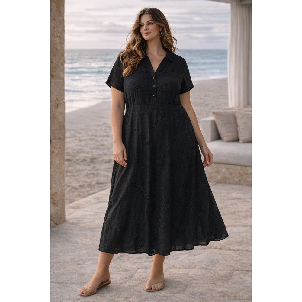 Lane Bryant Black Embroidered Linen Blend Midi Dress Plus Size 24W Short Sleeve